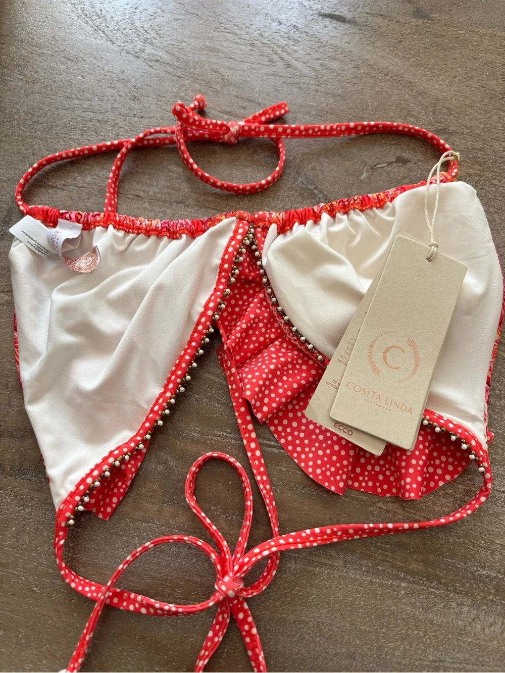 Orange Floral Ruffle Bikini Swim Top With Bead & Tassel detailing
